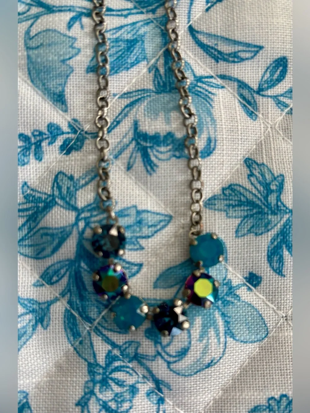 Silver Chain Necklace with Blue Crystal Stations - Picture 2 of 3